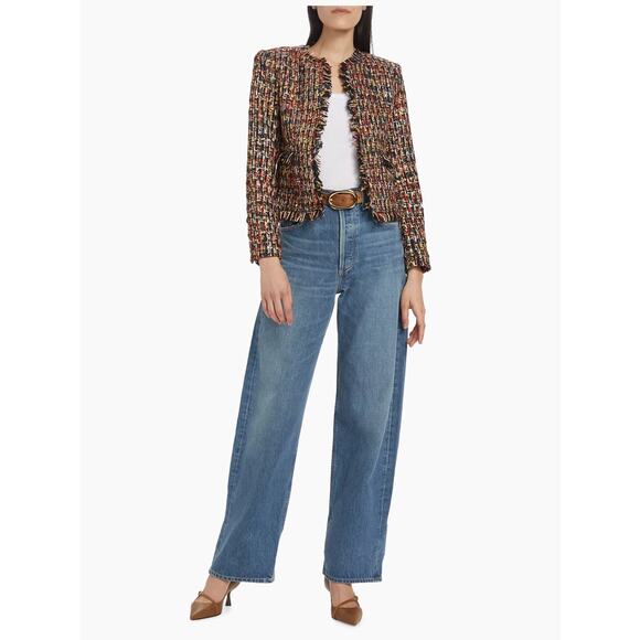 L'AGENCE Angelina Gold black Tweed Plaid Jacket fringe trim size 18 - Picture 1 of 16